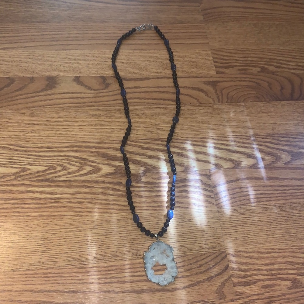 Navy Beaded Necklace with Gold Pendant